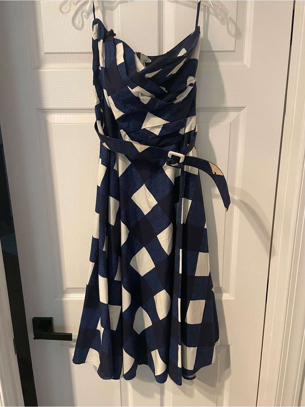SAMANTHA SUNG Navy and White Check Belted Midi Dress